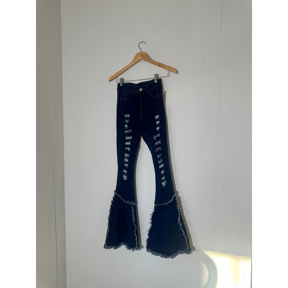 H & Y Fashion high-waisted dark wash ripped flare jeans size S